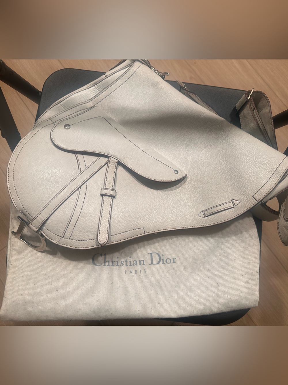 AUTHENTIC & RARE Large Christian Dior White Lambskin Saddle Bag